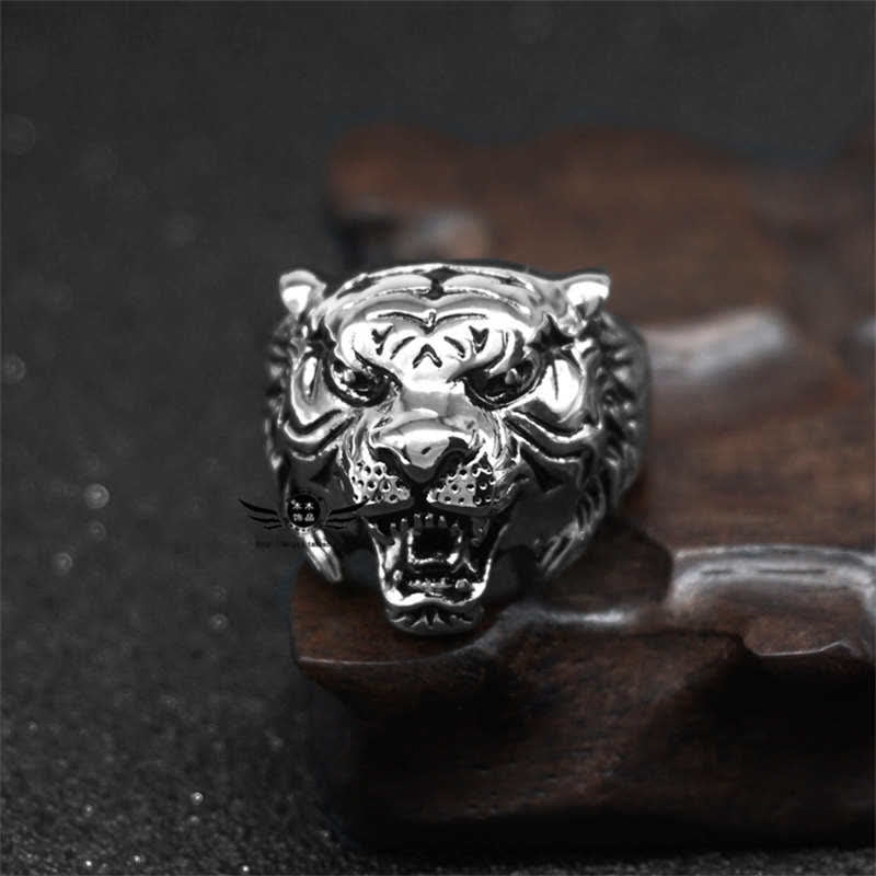 Stone of buddha Men's Animal Tiger Head Titanium Steel Balance Calm Punk Rock Biker Ring
