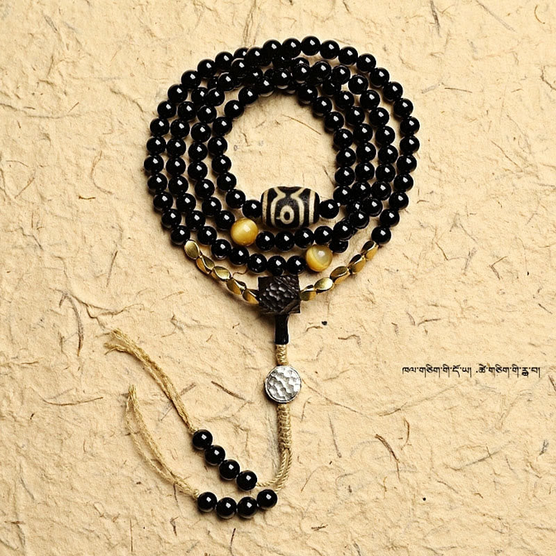 Stone of buddha Tibetan 108 Mala Beads Black Onyx Three-eyed Dzi Beads Protection Bracelet