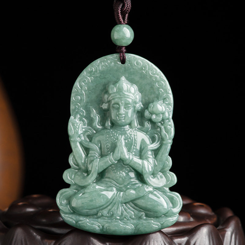 Stone of buddha Four-armed Avalokitesvara Natural Jade Amulet Blessing String Necklace