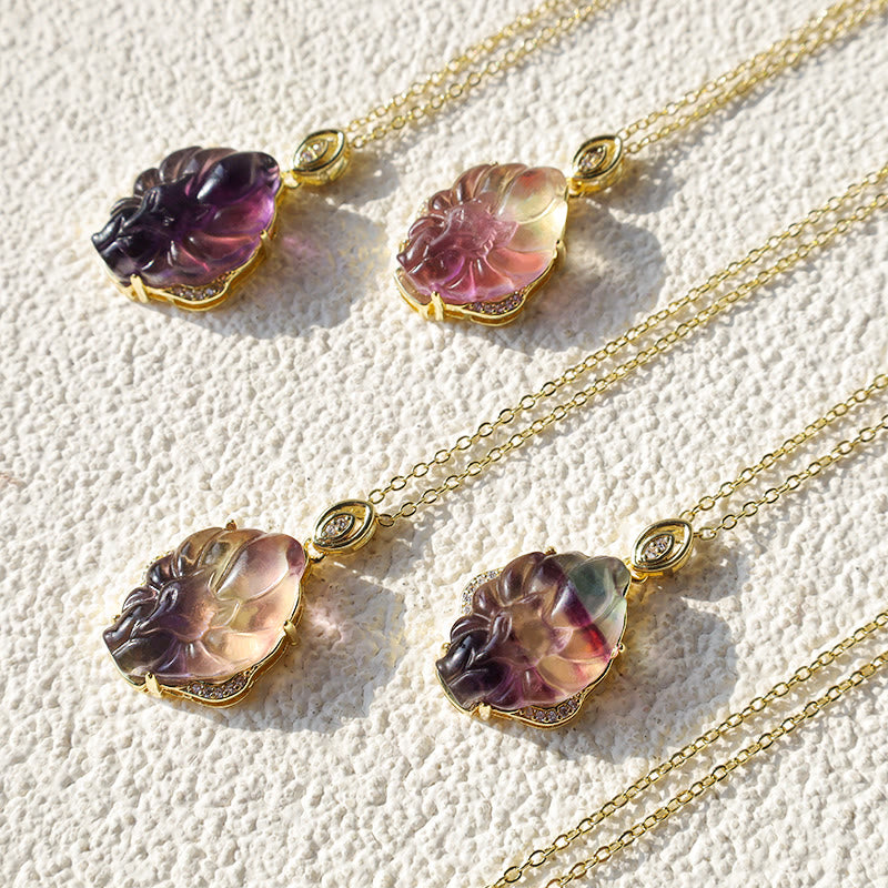 Stone of buddha Natural Colorful Fluorite Nine-Tailed Fox Protection Necklace Pendant