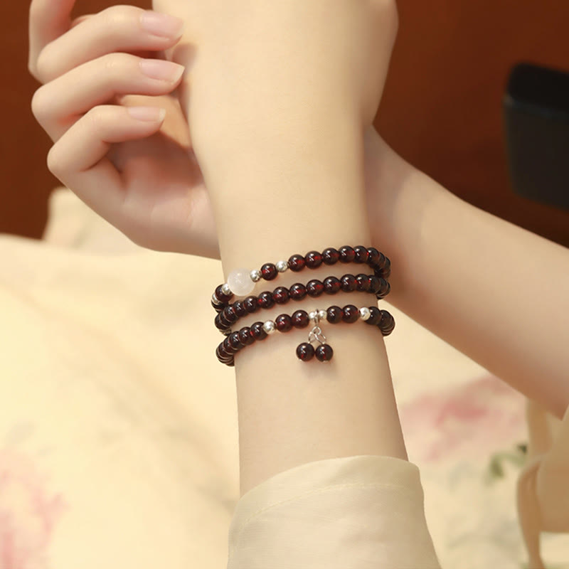 Stone of buddha 925 Sterling Silver Natural Garnet Cat Eye Protection Triple Wrap Bracelet