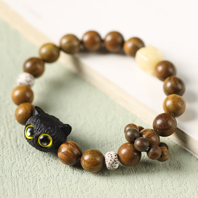 Stone of buddha Green Sandalwood Ebony Wood Cat Peace Soothing Bracelet