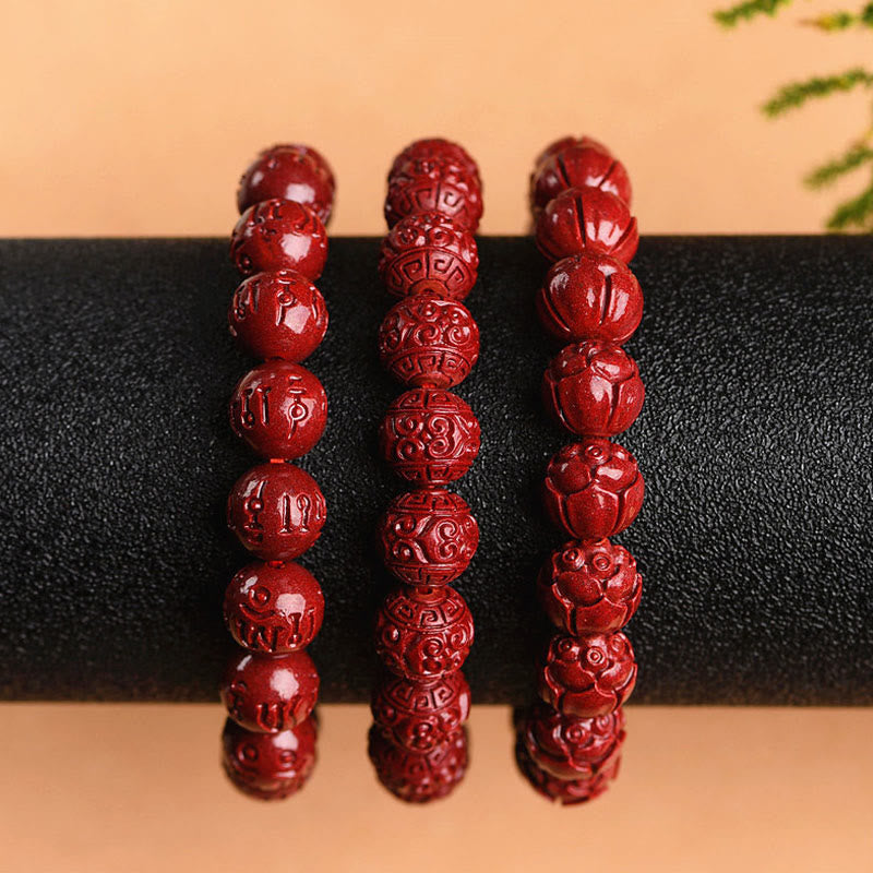 Stone of buddha Natural Cinnabar Om Mani Padme Hum Fret Pattern Lotus Blessing Bracelet