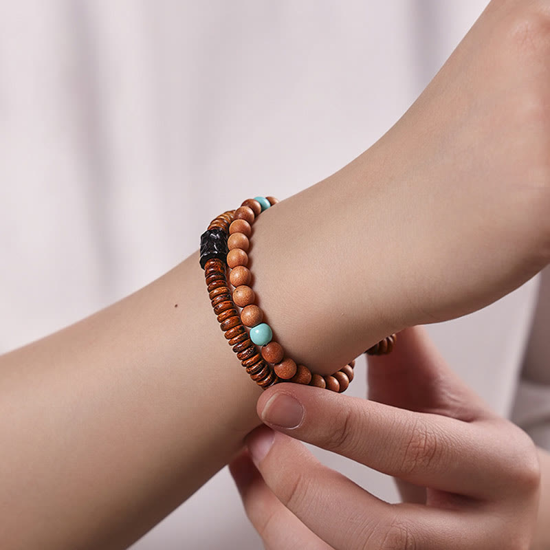 Stone of buddha Sandalwood Small Leaf Red Sandalwood Thuja Sutchuenensis Boxwood Turquoise Protection Double Wrap Bracelet