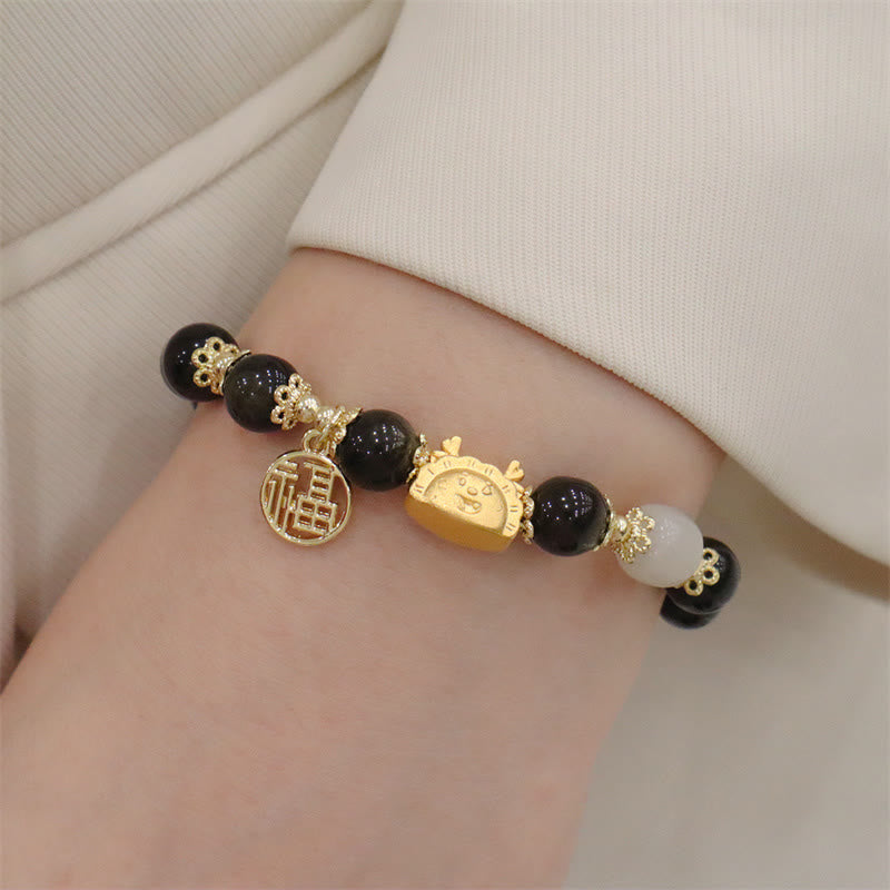 Stone of buddha Year Of The Dragon Red Agate Strawberry Quartz Black Obsidian Jade Garnet Pearl Cinnabar Dumpling Dragon Luck Fu Character Bracelet