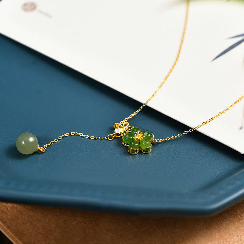 Stone of buddha 925 Sterling Silver Hetian Cyan Jade Plum Flower Blossom Design Luck Necklace Pendant