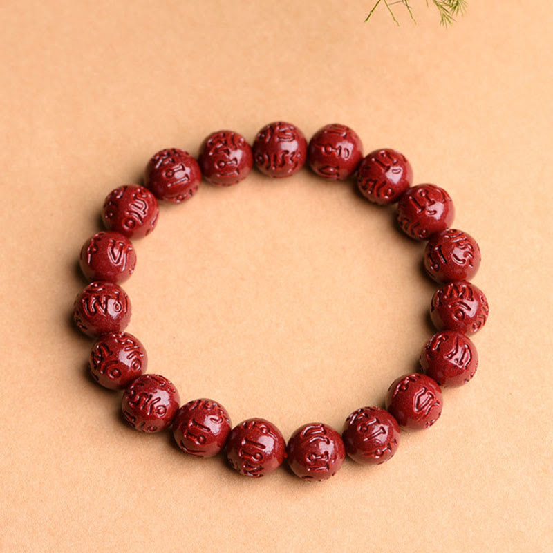 Stone of buddha Natural Cinnabar Om Mani Padme Hum Fret Pattern Lotus Blessing Bracelet