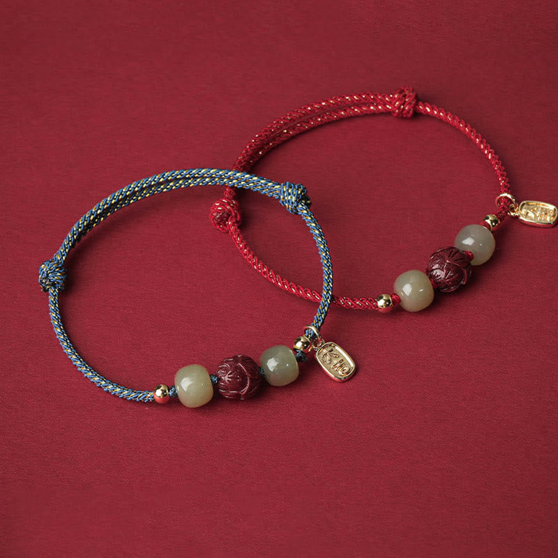 Stone of buddha 14K Gold Plated Hetian Jade Cinnabar Lotus Luck Handcrafted Rope Bracelet