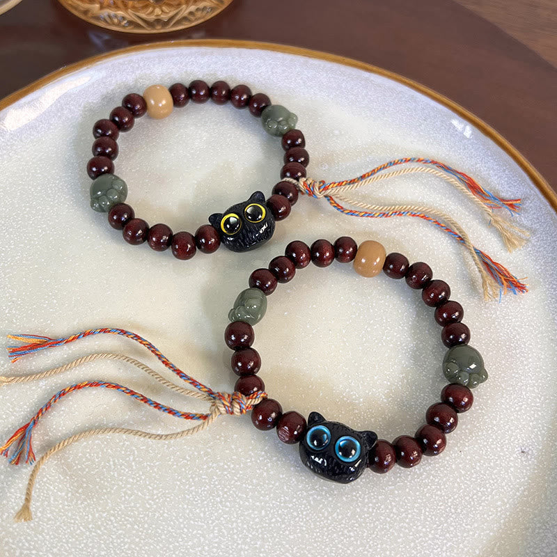 Stone of buddha Ebony Wood Lovely Cat Jade Paw Peace Tassel Wood Bracelet
