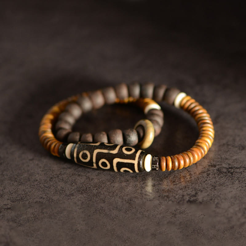 Stone of buddha Tibetan Nine-Eye Dzi Bead Green Sandalwood Ebony Wood Peace Double Wrap Bracelet