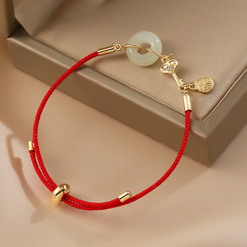 Stone of buddha 18K Gold Plated Hetian Jade Peace Buckle Fu Character Luck Red Rope Bracelet