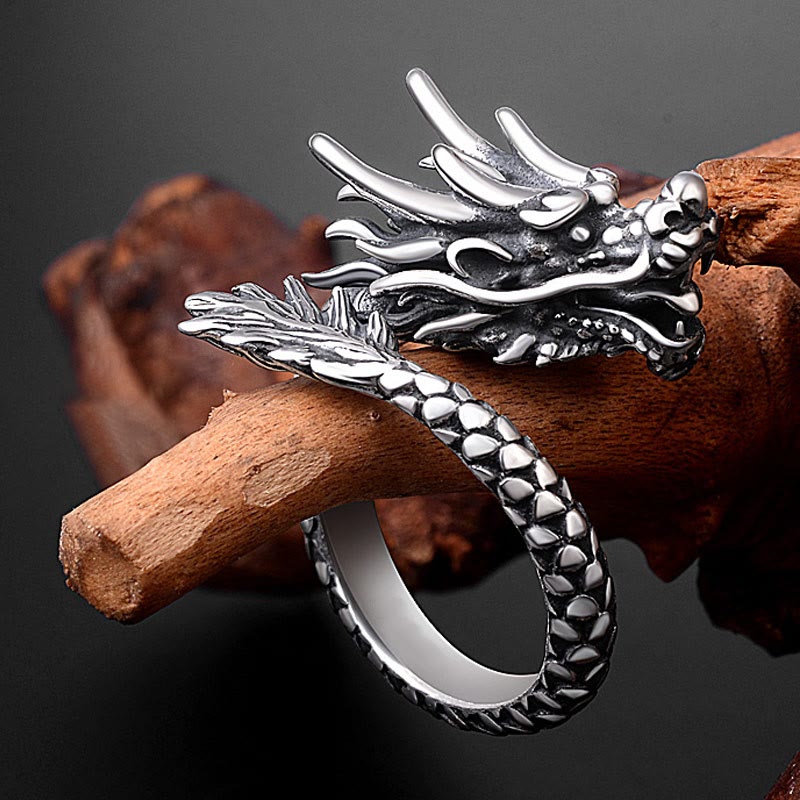 Stone of buddha 990 Sterling Silver Vintage Dragon Design Luck Protection Strength Adjustable Ring