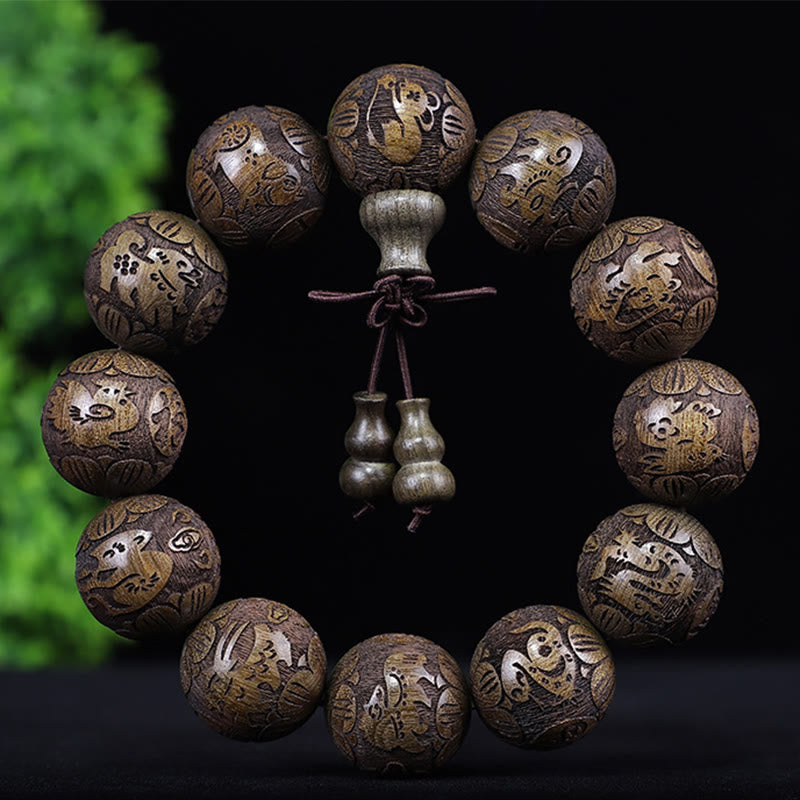 Stone of buddha Chinese Zodiac Rosewood Ebony Boxwood Copper Coin PiXiu Carved Warmth Bracelet