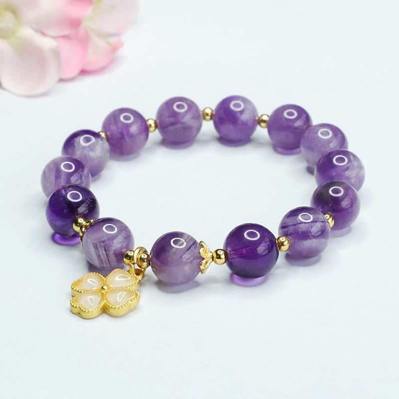 Stone of buddha Natural Amethyst Crystal Inner Peace Four Leaf Clover Charm Bracelet