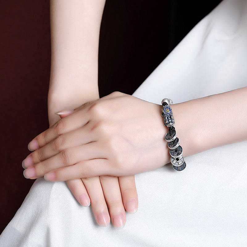 Stone of buddha 999 Sterling Silver FengShui PiXiu Copper Coin Fu Character Wealth Braided Bracelet