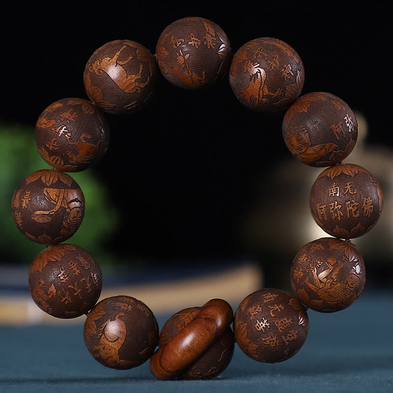 Stone of buddha Chinese Zodiac Rosewood Green Sandalwood Ebony Wood Copper Coin Carved Calm Bracelet