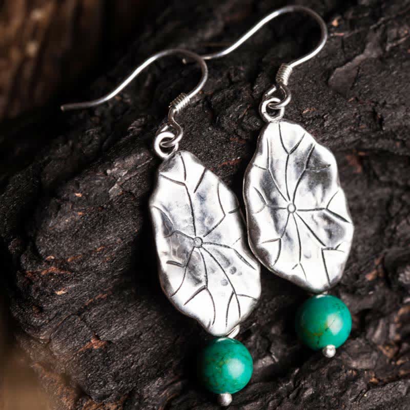 Stone of buddha 925 Sterling Silver Turquoise Lotus Leaf Protection Drop Dangle Earrings