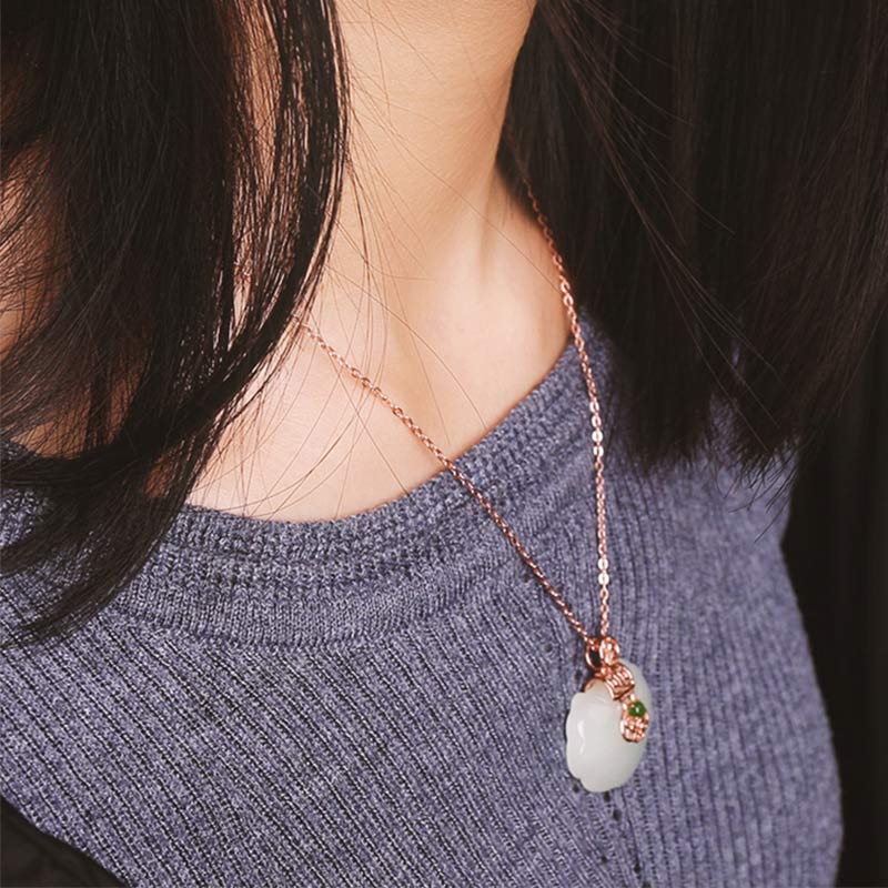 Stone of buddha 925 Sterling Silver White Jade Blessing Happiness Necklace Chain Pendant