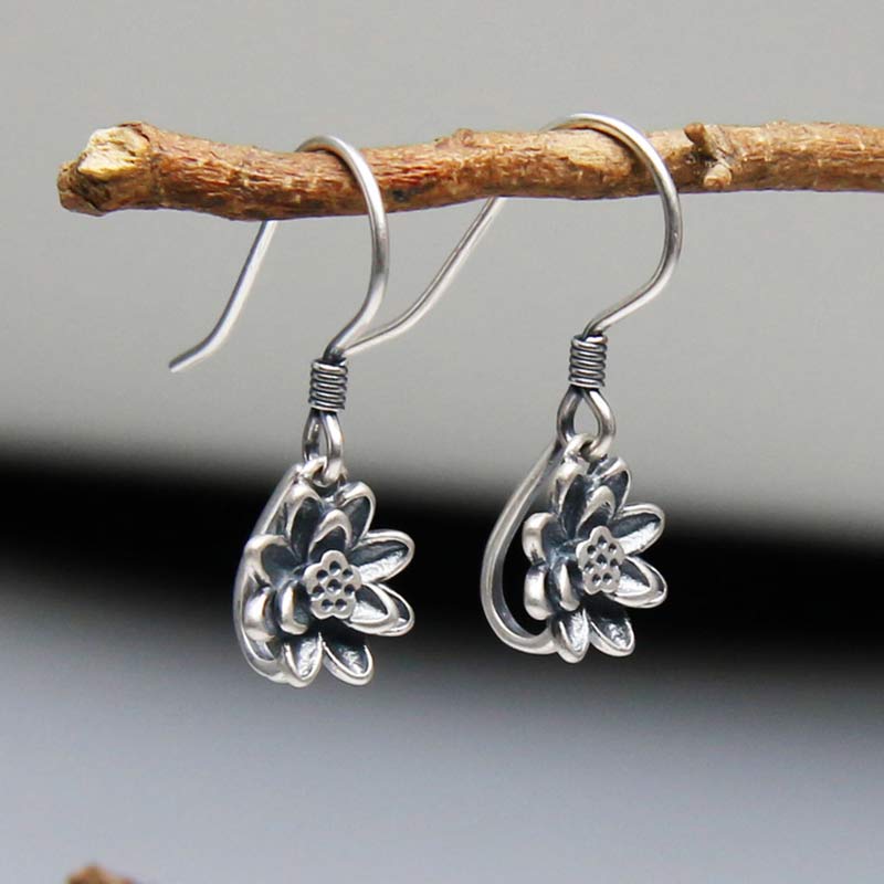 Stone of buddha 925 Sterling Silver Lotus Flower Enlightenment Earrings