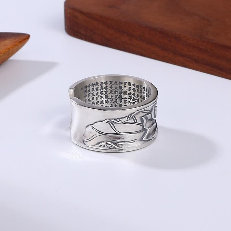 Stone of buddha 999 Sterling Silver Lotus Flower Heart Sutra Protection Ring