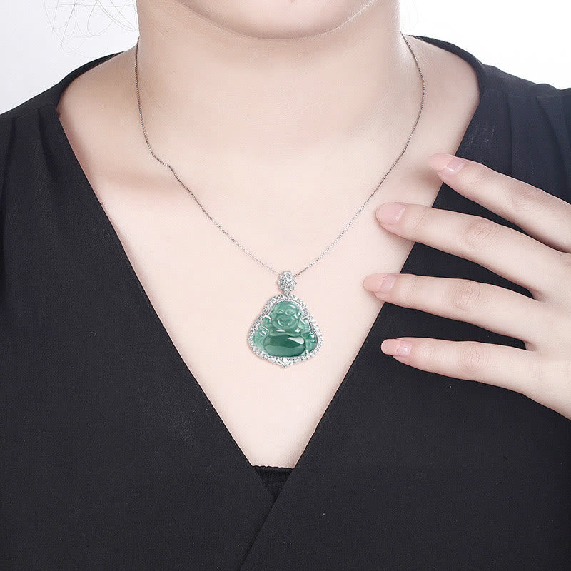 Stone of buddha 925 Sterling Silver Laughing Buddha Natural Jade Luck Abundance Chain Necklace Pendant