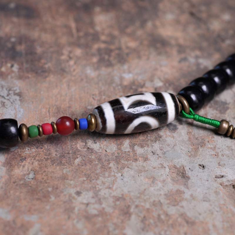 Stone of buddha 108 Beads Mala Ebony Wood Dzi Bead Copper Balance Tassel Bracelet