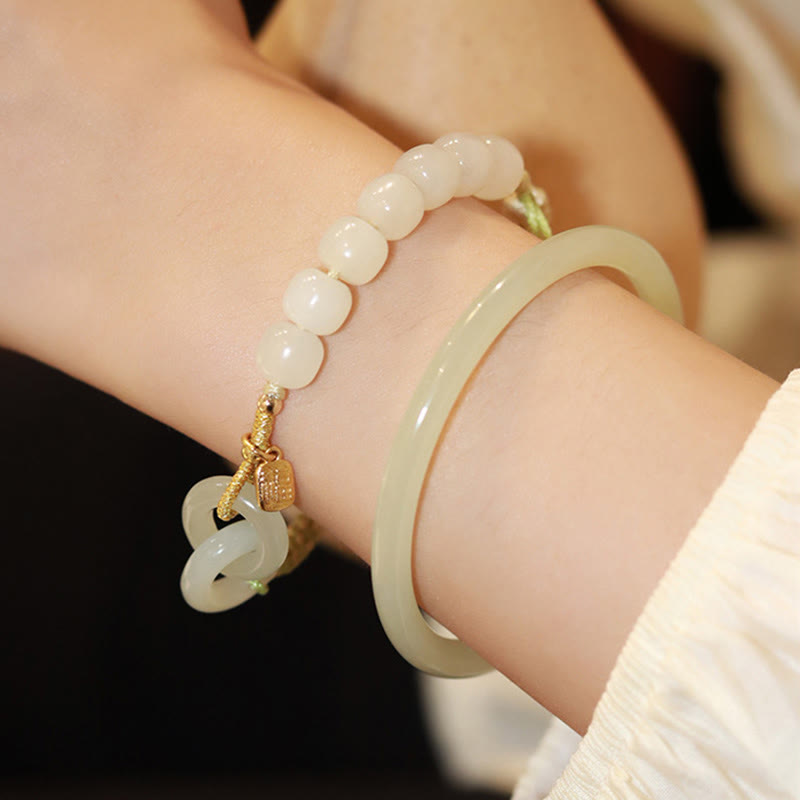 Stone of buddha Natural Hetian Jade Bead Double Peace Buckle Fu Character Abundance Braided Bracelet