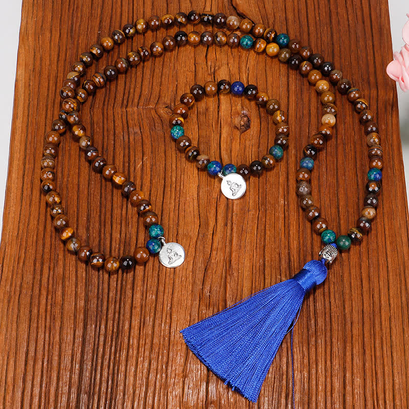 Stone of buddha 108 Mala Beads Tiger Eye Buddha Strength Bracelet Tassel Necklace Pendant