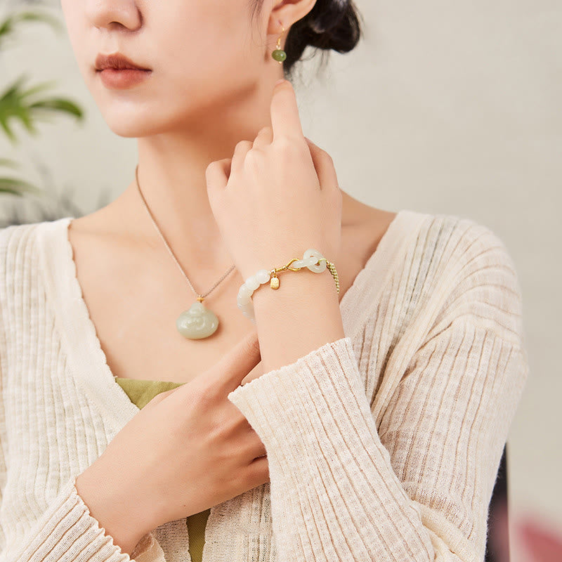 Stone of buddha Natural Hetian Jade Bead Double Peace Buckle Fu Character Abundance Braided Bracelet
