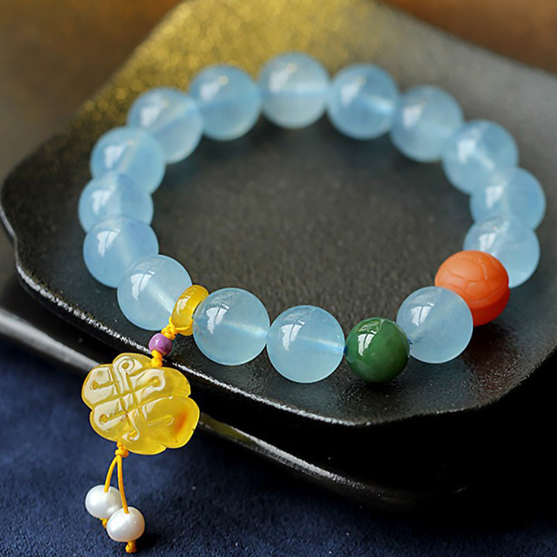 Stone of buddha Natural Aquamarine Amber Chinese Knotting Charm Peace Bracelet