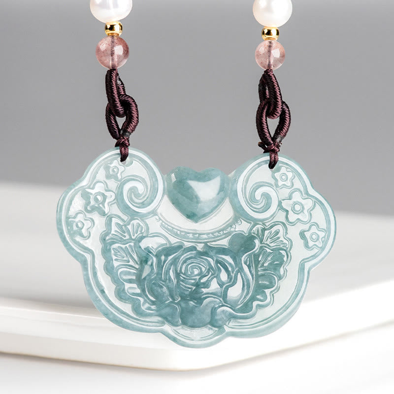 Stone of buddha Natural Jade Peony Flower Lock of Good Wishes Prosperity Necklace Pendant