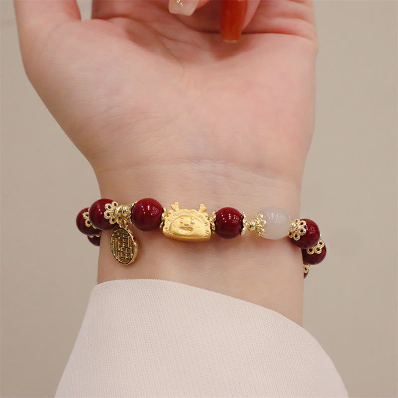 Stone of buddha Year Of The Dragon Red Agate Strawberry Quartz Black Obsidian Jade Garnet Pearl Cinnabar Dumpling Dragon Luck Fu Character Bracelet