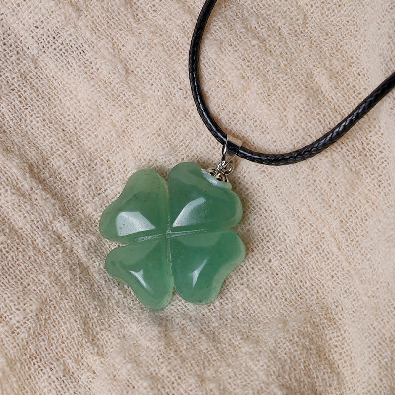Stone of buddha 925 Sterling Silver Green Aventurine Four Leaf Clover Luck Leather Rope Necklace Pendant