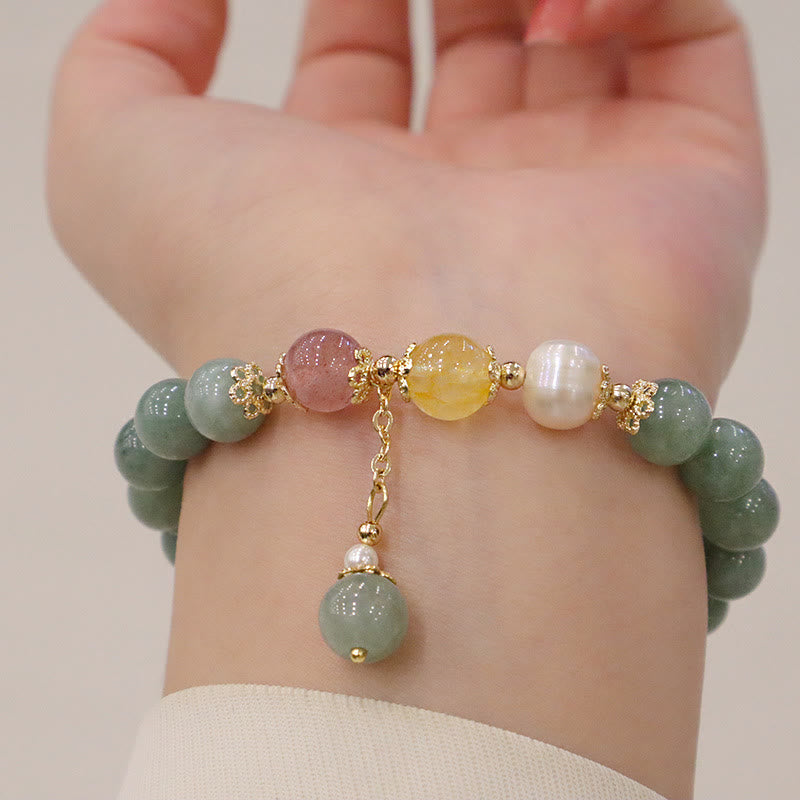 Stone of buddha Jade Pearl Strawberry Quartz Abundance Luck Bead Charm Bracelet