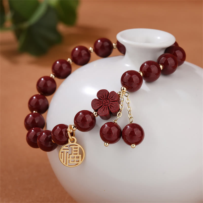 Stone of buddha Cinnabar Fu Character Cherry Blossom Blessing Bracelet