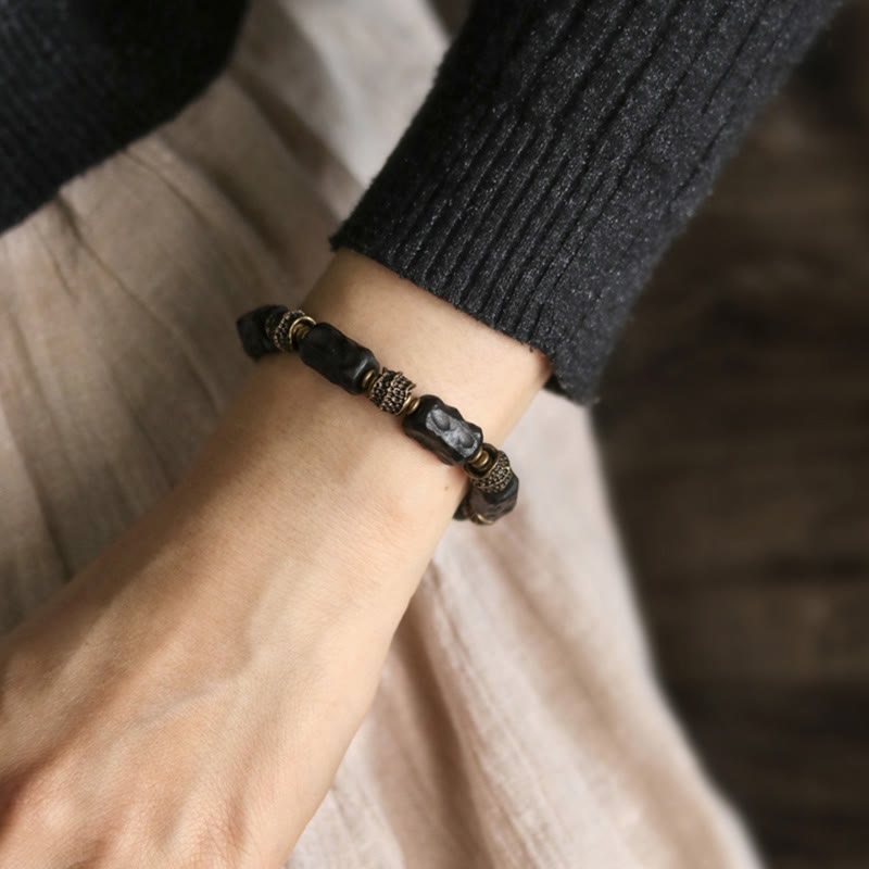 Stone of buddha Tibetan Ebony Wood Copper Calm Peace Bracelet