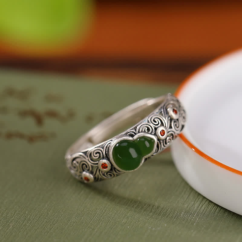 Stone of buddha 925 Sterling Silver Red Agate Cyan Jade Gourd Blessing Auspicious Ring