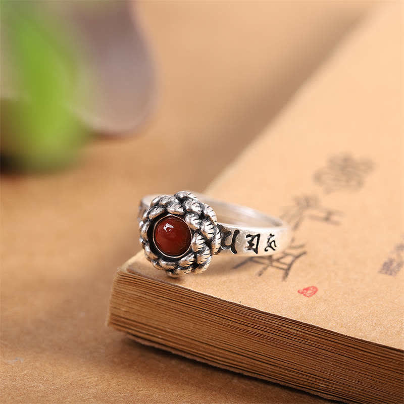 Stone of buddha925 Sterling Silver Lotus Red Agate Confidence Blessing Ring
