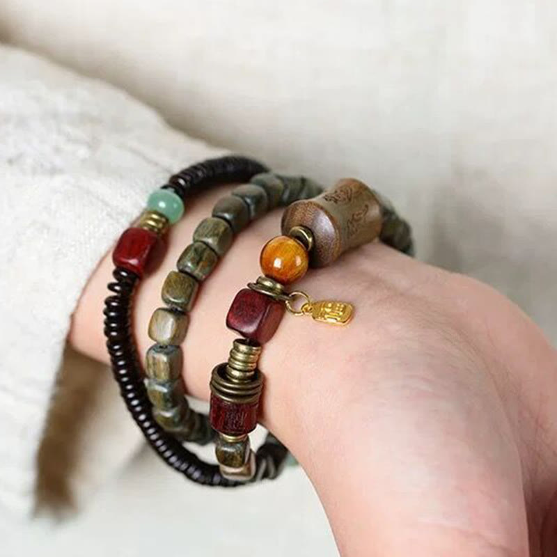 Stone of buddha Green Sandalwood Ebony Om Mani Padme Hum Engraved Peace Triple Wrap Bracelet