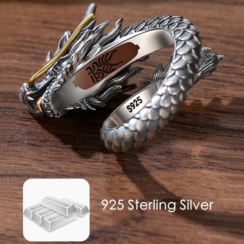 Stone of buddha 925 Sterling Silver Vintage Dragon Design Protection Strength Adjustable Ring
