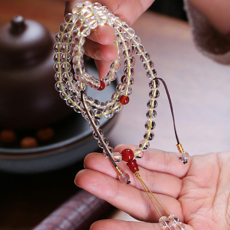 Stone of buddha 108 Mala Beads 925 Sterling Silver Natural White Agate Red Agate Quadruple Wrap Protection Bracelet