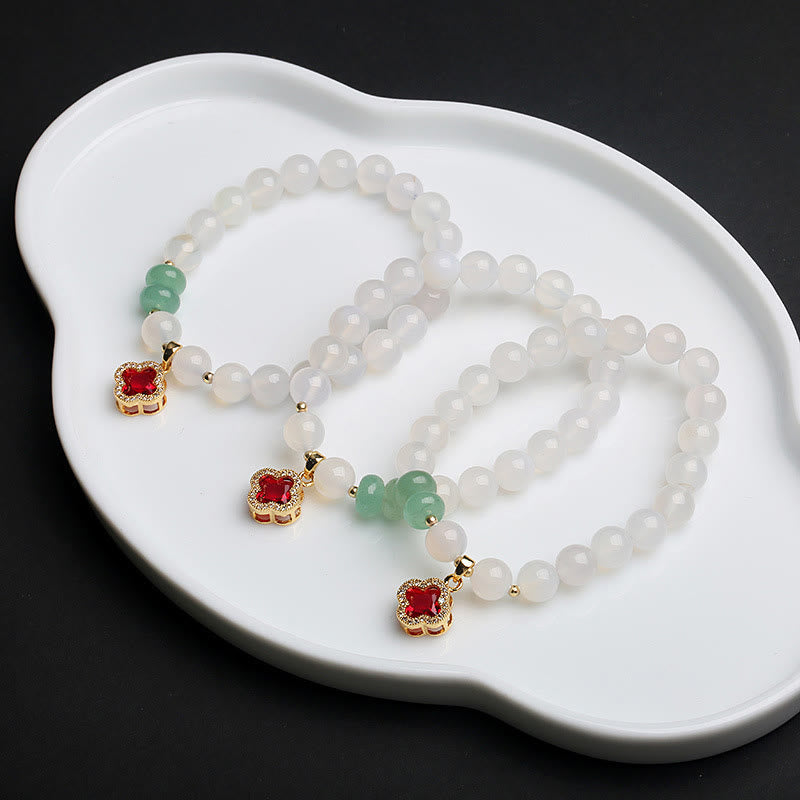 Stone of buddha Natural White Agate Red Agate Money Bag Fu Character Four Leaf Clover Protection Bracelet