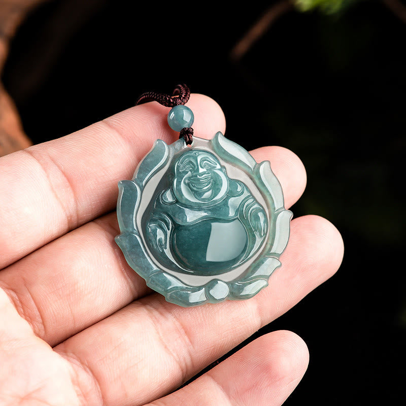 Stone of buddha Natural Jade Laughing Buddha Lotus Pattern Luck Necklace Pendant