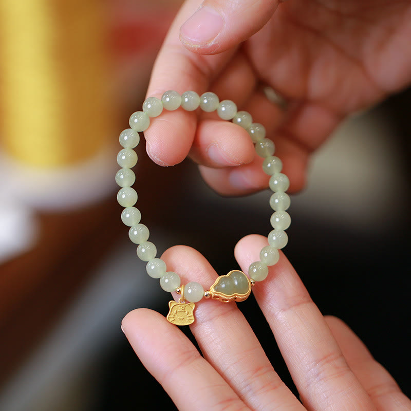 Stone of buddha 925 Sterling Silver Plated Gold Natural Hetian Jade Bead Gourd Lotus Bamboo Fu Character Luck Bracelet