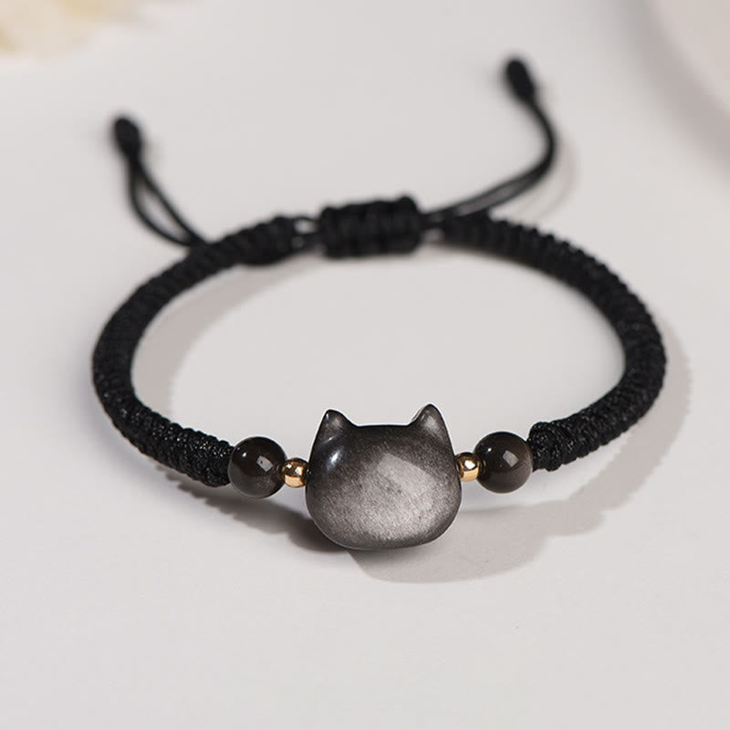Stone of buddha Handmade Natural Silver Sheen Obsidian Strawberry Quartz Cute Cat Protection Braided Bracelet