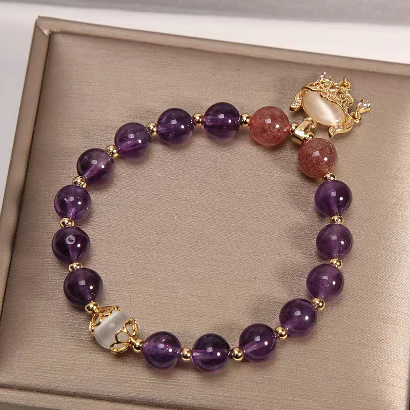 Stone of buddha Natural Amethyst Strawberry Quartz Cat Eye Chinese Lock Charm Healing Bracelet