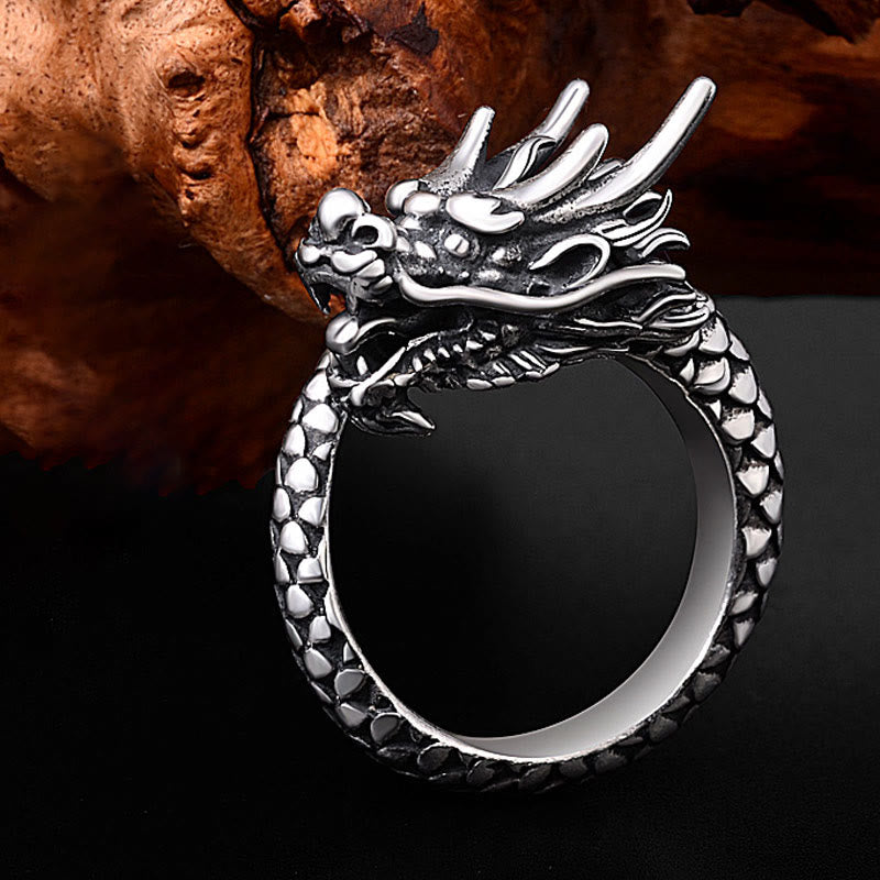 Stone of buddha 990 Sterling Silver Vintage Dragon Design Luck Protection Strength Adjustable Ring