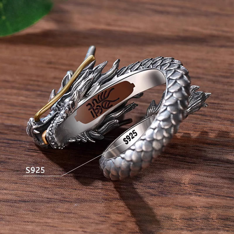 Stone of buddha 925 Sterling Silver Vintage Dragon Design Protection Strength Adjustable Ring