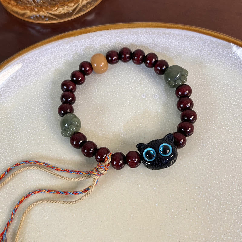 Stone of buddha Ebony Wood Lovely Cat Jade Paw Peace Tassel Wood Bracelet