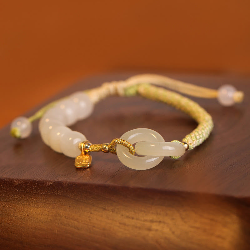 Stone of buddha Natural Hetian Jade Bead Double Peace Buckle Fu Character Abundance Braided Bracelet